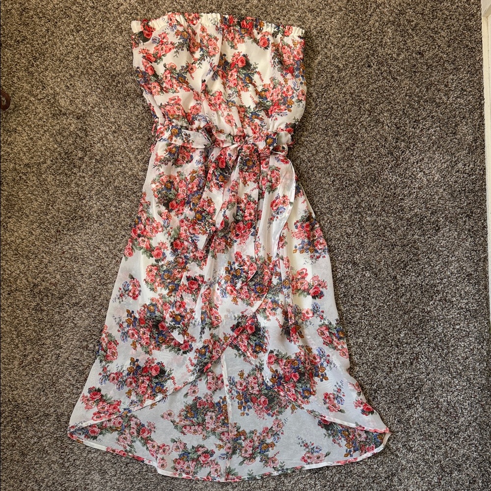Poetry Strapless Floral Dress - Red and White